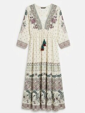 ZUDIO Boho White Printed Maxi Dress with Floral Accents Sz XS